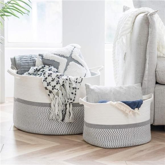 XXL Extra Large Cotton Rope Woven Basket, Throw Blanket Storage Basket w/ Handle - Picture 6 of 9
